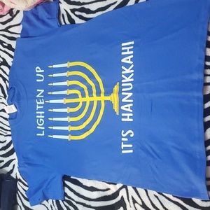 "Lighten up its Hanukkah!" Blue Shirt. Size Small Petite. It runs big.